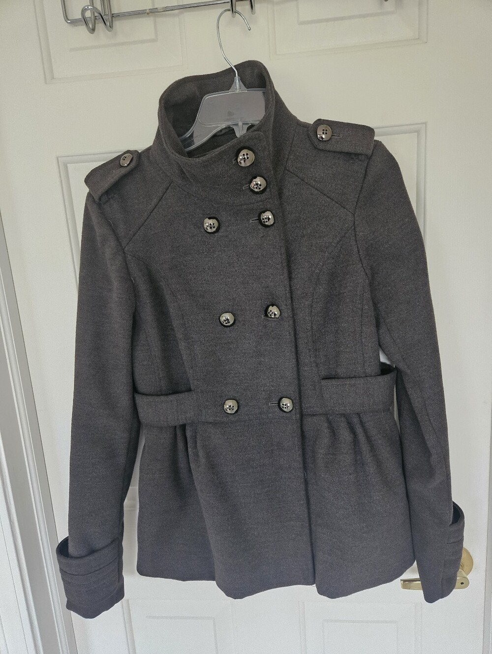 Womens Gray Double-Breasted Peacoat Jacket